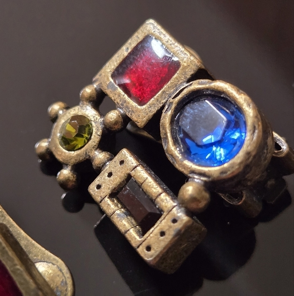 Chico's Vintage 1980s Clip-On Earrings with Blue and Red Green Stones In Brozen - Picture 3 of 16